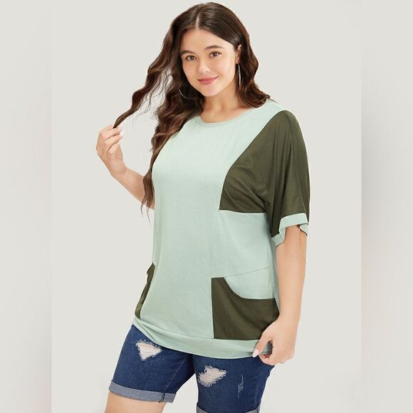 Bloomchick Two Tone Dolman Sleeve Patched Pocket T-Shirt 22-24 - Picture 6 of 10